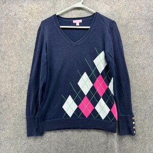 Lilly Pulitzer Sweater Women Large Navy Blue Argyle Cotton V Neck Pullover